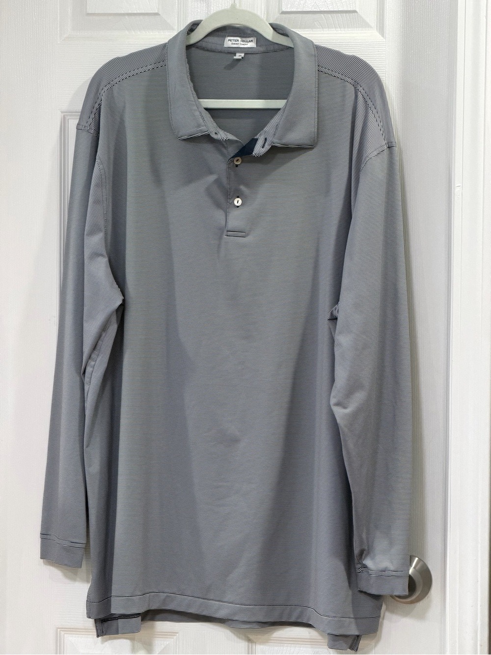 Peter Millar Performance Golf Shirt. Navy Blue Stripe.